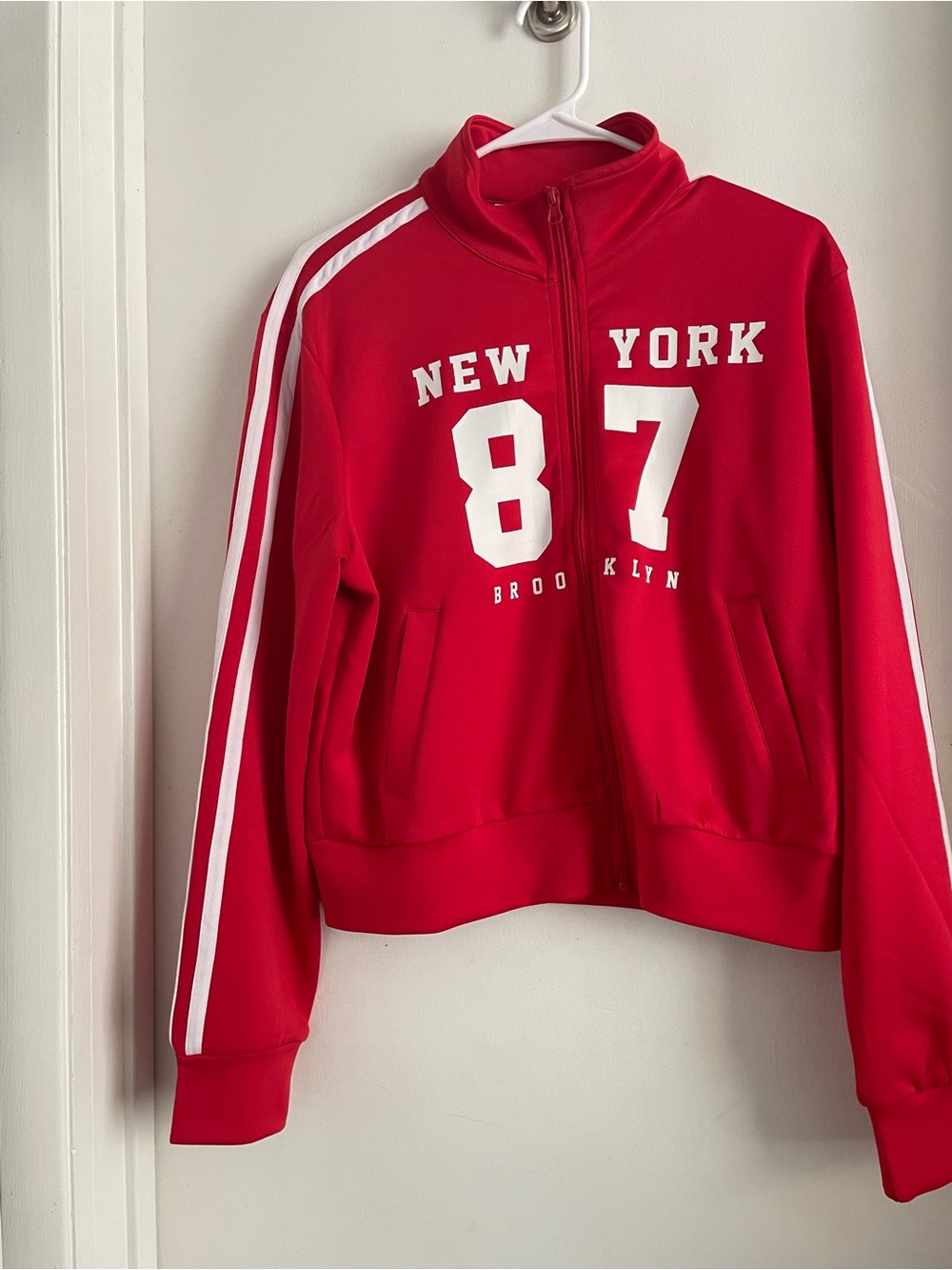 Kiss Red Zip-Up Varsity Jacket with White Stripes